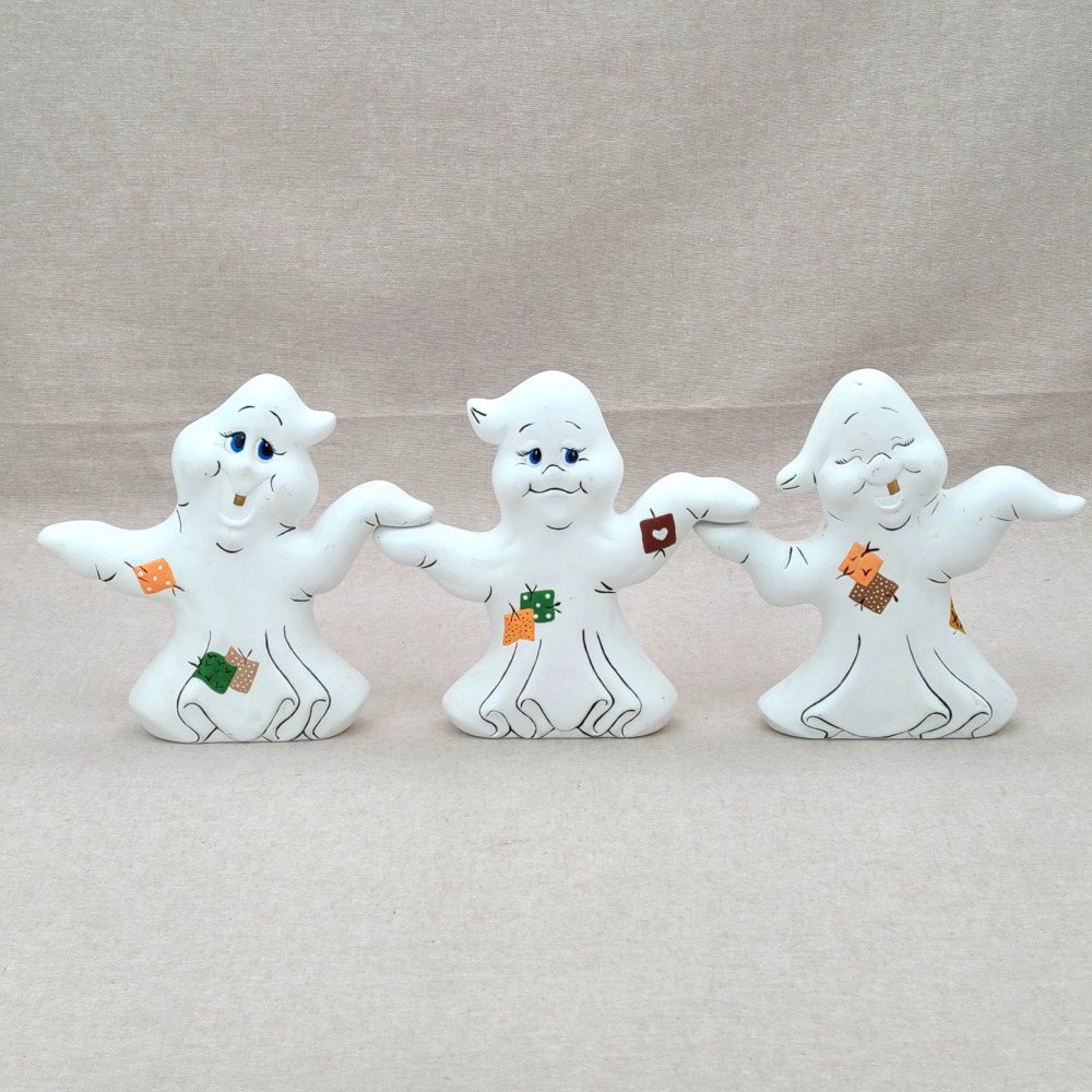 Lot 3 Ceramic Bisque Two Sided Hand in Hand Ghosts Patchwork Hand Painted VTG